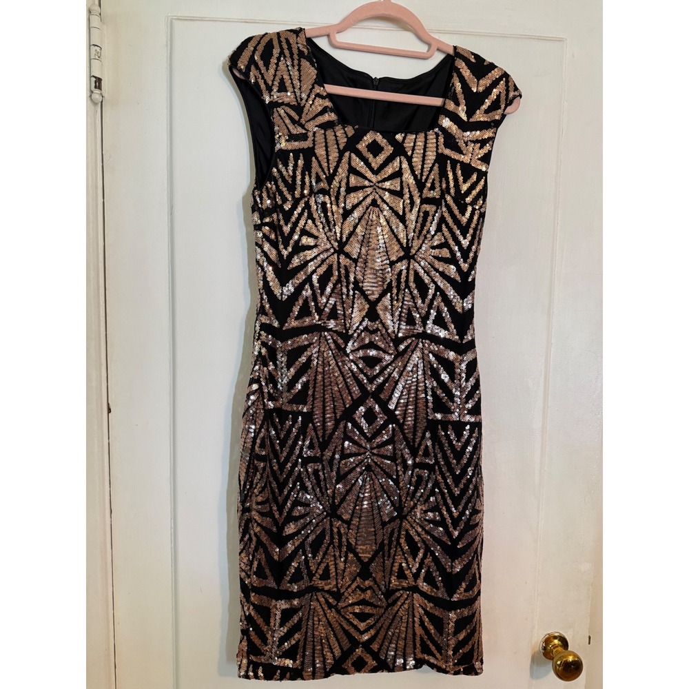 Art Deco Sequin Cocktail Dress Rose Gold Bronze Geometric Cap Sleeve Bodycon‎